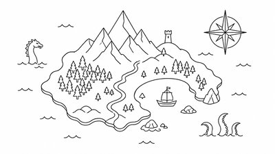 a map of an island realm with mountains, forests, a sheltered bay, sea monsters in the water and a compass rose, no text labels