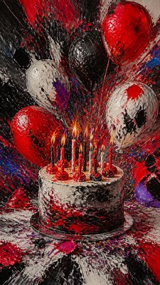 a birthday cake with lit candles surrounded by balloons and confetti, festive vertical composition, no text