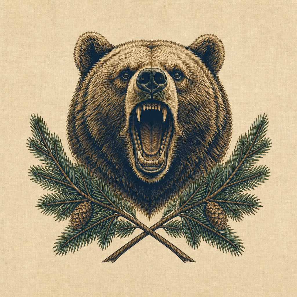 a roaring bear head above crossed pine branches, bold graphic composition on a plain background, no text