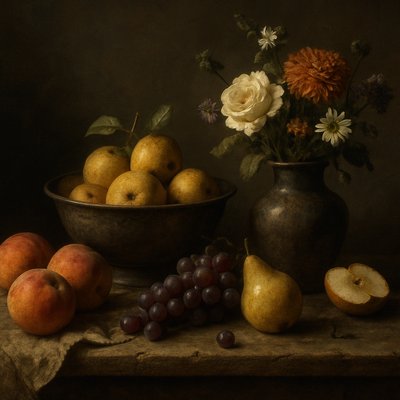 still life arrangement of fruits and flowers
