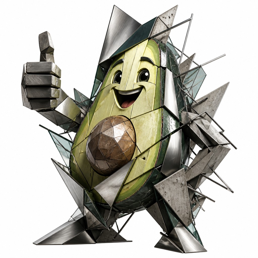 a happy avocado character giving a thumbs up, bold readable design on a plain background, no text