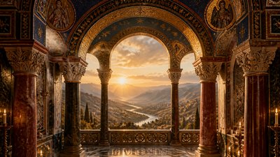 a vast valley with a river winding toward distant mountains at sunrise, no people, no text