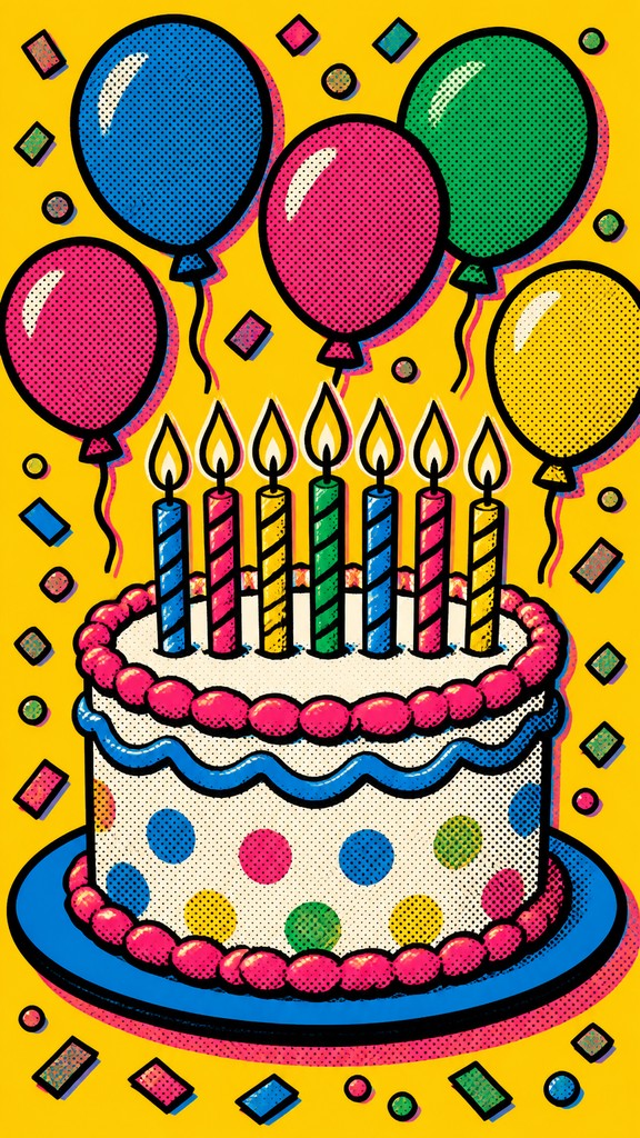 a birthday cake with lit candles surrounded by balloons and confetti, festive vertical composition, no text