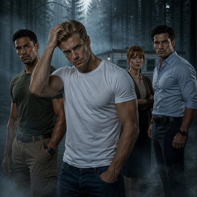 Ok tu me fait 5 personnages de roman , on va commencer avec un homme dans la trentaine tres beau il est blond, il passe sa main dans ses cheveux, on voit le biceps il est en T-shirt blanc avec un jean à côté de lui, il se trouve un autre mec métisse hyper séduisant a sa gauche , lui aussi décontracté t-shirt vert, kaki pantalon beige musclé aussi. un policier dans les 30 ans, et alors là je veux que tu les cheveux noirs bouclé, sur les côtés, il a pas de lunettes il est en chemise, un daddy pas de barbe, pas de moustache. Et enfun un femme quarantaine avec une frange qui a l’air d’être un peu secrétaire ou je sais pas quoi elle est rousse. Une ambiance assez froide avec un brouillard glaçant autour d’eux une forêt, un caravane je sais pas une ambiance vraiment inquiétante et vraiment je veux une ambiance comme si on parlait d’un roman genre le blond au milieu le métisse aussi et le policier derrière à droite et la secrétaire derrière à gauche