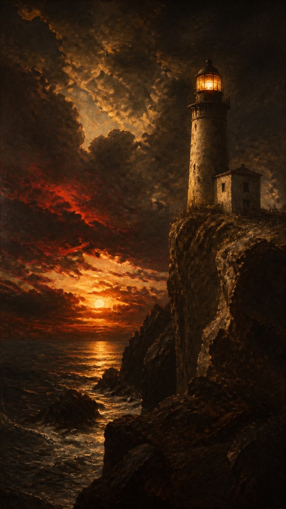a lone lighthouse on a cliff at dusk under a dramatic sky, no text or lettering