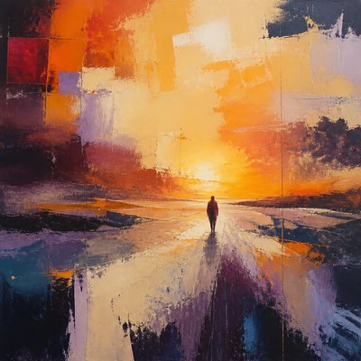 a solitary figure walking toward a glowing horizon across an empty plain, moody atmosphere, no text or lettering