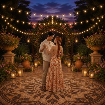 an original couple dancing under string lights in a garden at dusk: a man with short black hair in a linen shirt and a woman with braided red hair in a summer dress