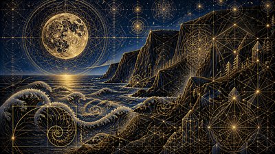a moonlit coastline with cliffs and crashing surf, no people