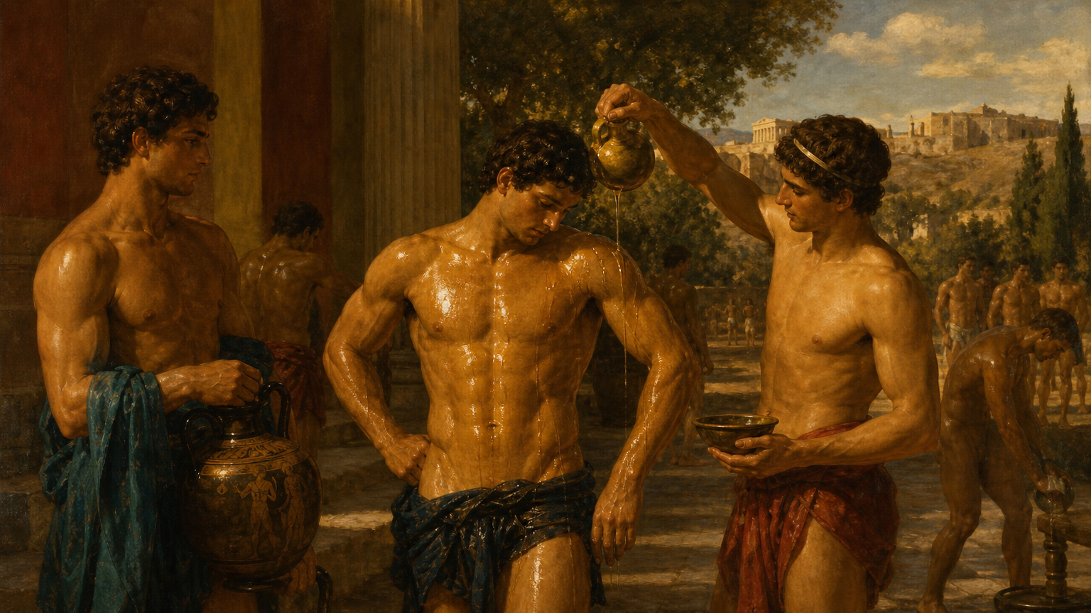 illustration depicting-ancient-greek-athletes-pouring-oil-over-their-bodies