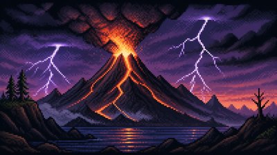 an erupting volcano with lightning strikes, dramatic wide composition, no text