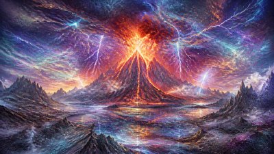 an erupting volcano with lightning strikes, dramatic wide composition, no text