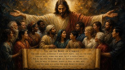 "You Are the Body of Christ. The body is one, although it has many parts; and all the parts, though many, form one body. So it is with Christ. For in the one Spirit we were all baptized into one body, Jews as well as Greeks, slaves as well as free men, and we were all given the same Spirit to drink."

1 Corinthians 12:12-13