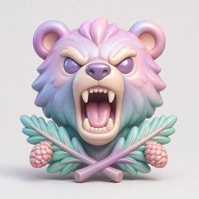 a roaring bear head above crossed pine branches, bold graphic composition on a plain background, no text