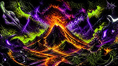 an erupting volcano with lightning strikes, dramatic wide composition, no text