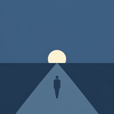 a solitary figure walking toward a glowing horizon across an empty plain, moody atmosphere, no text or lettering