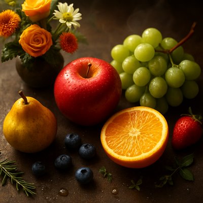 still life arrangement of fruits and flowers
