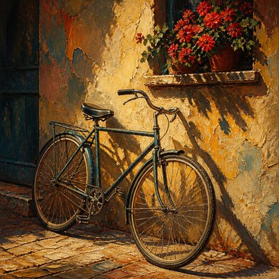bicyle resting against a wall