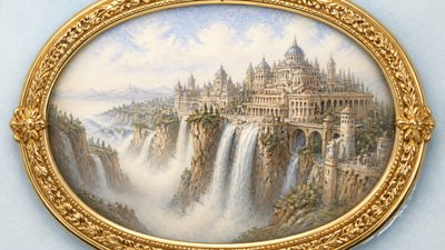 a cliffside city with waterfalls cascading into a misty canyon, wide establishing shot, no people, no text