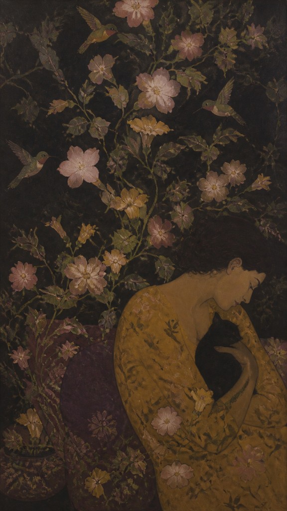 a climbing vine of flowers and hummingbirds on a dark background, tall wrapping composition, no text