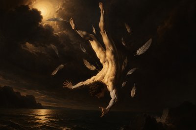 ancient greek Icarus falling head first into the sea without clothes and feathers falling