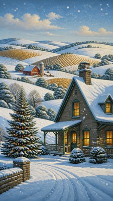 a snow-covered cottage with warm glowing windows beside a decorated pine tree, gentle snowfall, no text