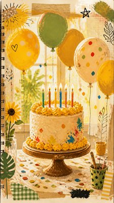 a birthday cake with lit candles surrounded by balloons and confetti, festive vertical composition, no text