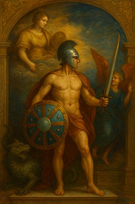 a painting of a man holding a sword and a shield