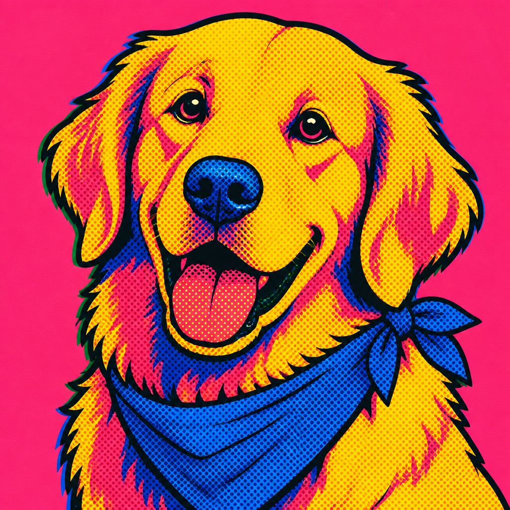 portrait of a golden retriever wearing a blue bandana, warm plain backdrop, no text