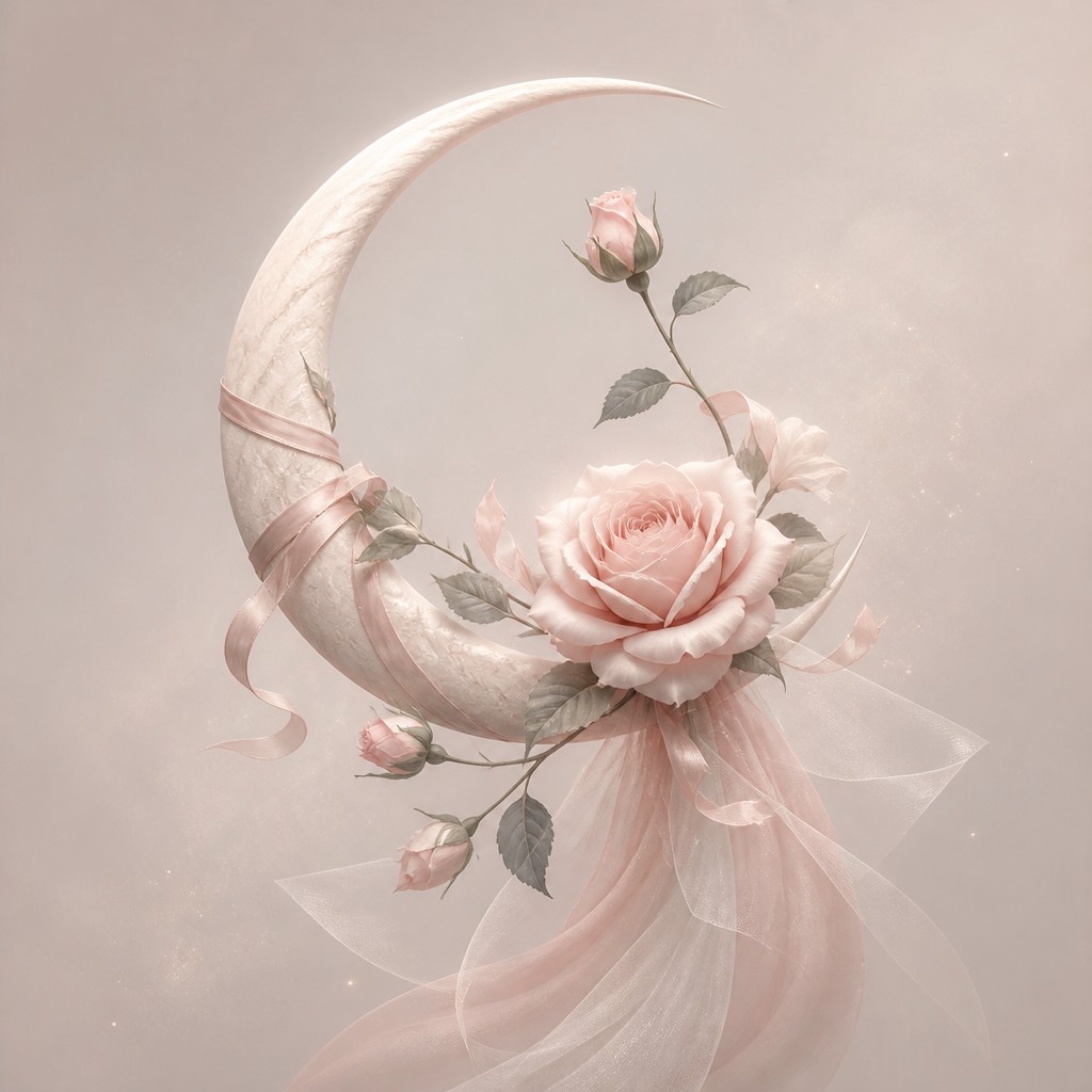 a rose entwined with a crescent moon, clean balanced composition on a plain background, no text