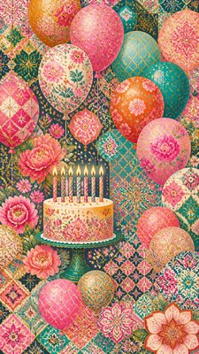 a birthday cake with lit candles surrounded by balloons and confetti, festive vertical composition, no text