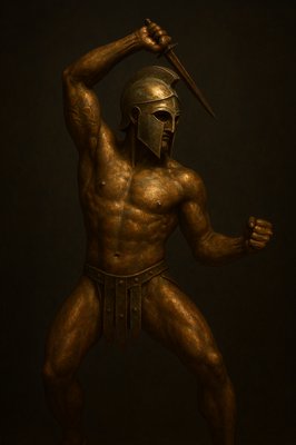 a bronze statue of a warrior holding a sword