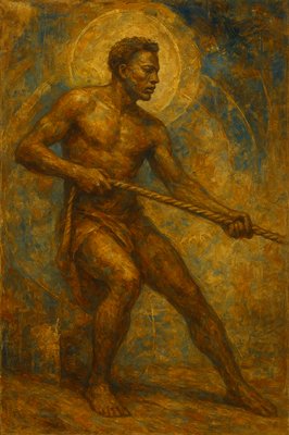 a painting of a man holding a rope