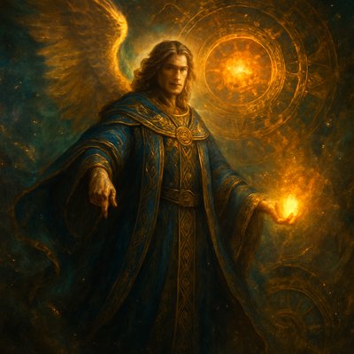 "Uriel, the Angel of Light and Wisdom from the Book of Enoch, a majestic celestial guide, standing amidst swirling cosmic dust and ethereal nebulae. His form radiates intense, pure light. He gestures towards a hidden cosmic mechanism, revealing ancient knowledge, holding a flaming orb of pure light. Robes of deep sapphire blue and radiant gold, adorned with ancient symbols. Serene, knowing face, eyes glimmering with cosmic insight. Behind him, celestial gears and the fiery essence of the sun. Hyperrealistic digital painting, divine luminosity, epic detailed, cinematic lighting, cosmic gradients."