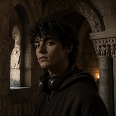 head-and-shoulders portrait of an original character: a young man with curly dark hair and headphones around his neck, plain backdrop, no text