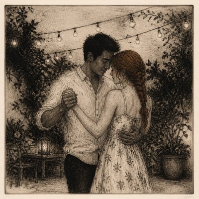 an original couple dancing under string lights in a garden at dusk: a man with short black hair in a linen shirt and a woman with braided red hair in a summer dress