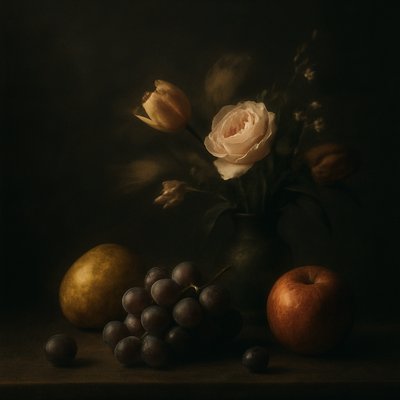 still life arrangement of fruits and flowers