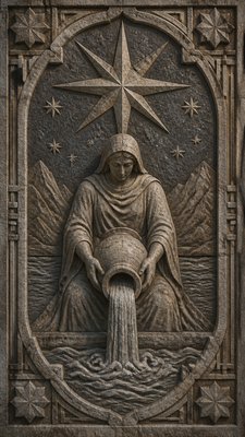 a robed figure pouring water beneath a large eight-pointed star in a night sky, symmetrical composition with an ornate decorative border, no text