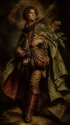 full-body original character: a wandering botanist with a satchel of plants, a patched green cloak, tall boots and round glasses, neutral background