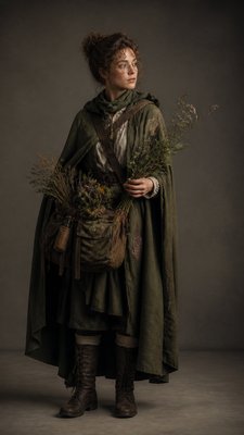 full-body original character: a wandering botanist with a satchel of plants, a patched green cloak, tall boots and round glasses, neutral background