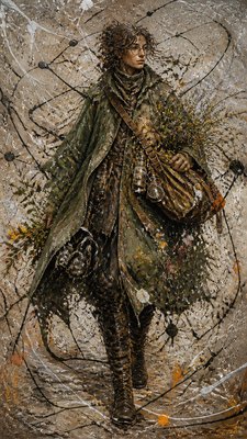 full-body original character: a wandering botanist with a satchel of plants, a patched green cloak, tall boots and round glasses, neutral background