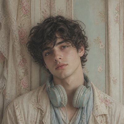 head-and-shoulders portrait of an original character: a young man with curly dark hair and headphones around his neck, plain backdrop, no text