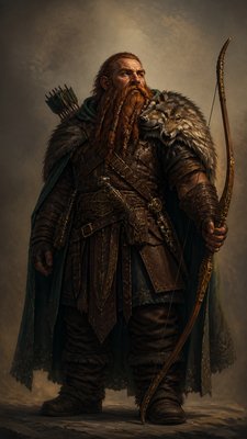 full-body original character: a dwarven ranger with a braided auburn beard, worn leather armor, a longbow and a wolf-pelt cloak, neutral background, no text