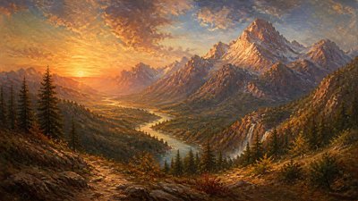 a vast valley with a river winding toward distant mountains at sunrise, no people, no text
