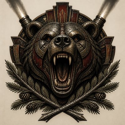 a roaring bear head above crossed pine branches, bold graphic composition on a plain background, no text