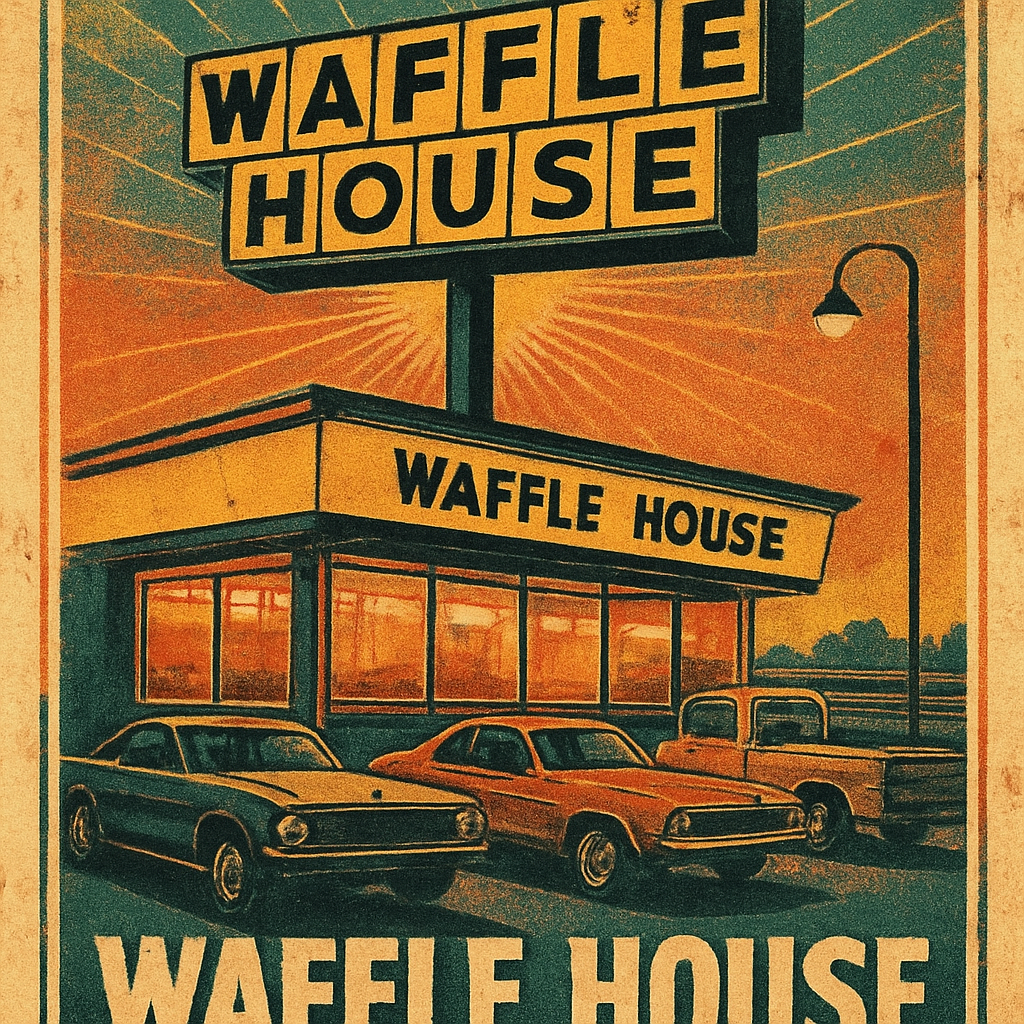 "Create a nostalgic and inviting image of a Waffle House restaurant from the 1960s or early 1970s. The focus should be on its distinct mid-century roadside architecture with a prominent, brightly lit "Waffle House" sign featuring its classic yellow and black logo. Show a few vintage cars from the era (e.g., a Ford Mustang, Chevrolet Chevelle, or a classic pickup truck) parked outside. The scene should be set at either dawn or dusk, with warm, inviting light spilling from the restaurant's windows, suggesting a cozy haven for weary travelers. Include subtle details like a classic street lamp or a glimpse of a highway in the background to emphasize its roadside location. The overall aesthetic should evoke a sense of Americana, comfort, and the timeless appeal of a familiar stop on a long journey."