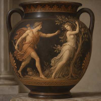 An ancient Greek vase painter depicting Daphne and Apollo