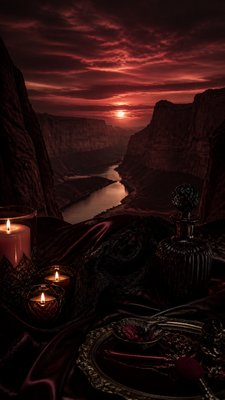 a desert canyon under a dramatic sunset sky, no people