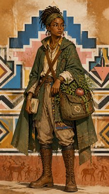 full-body original character: a wandering botanist with a satchel of plants, a patched green cloak, tall boots and round glasses, neutral background