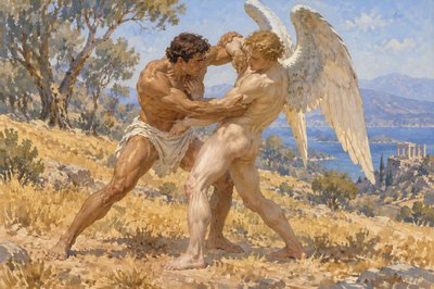 ancient greek athlete wrestles with male angel without clothes