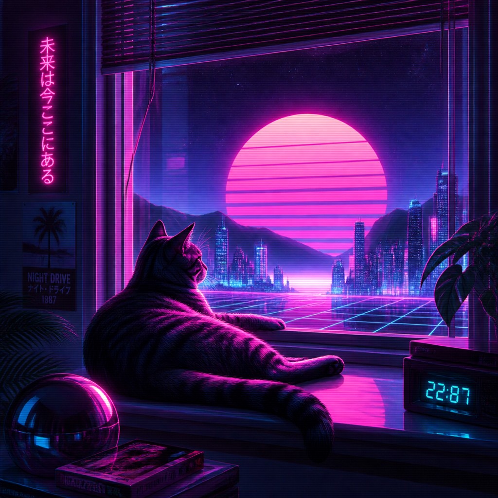 a cat lounging in a sunlit window — Synthwave Aesthetic